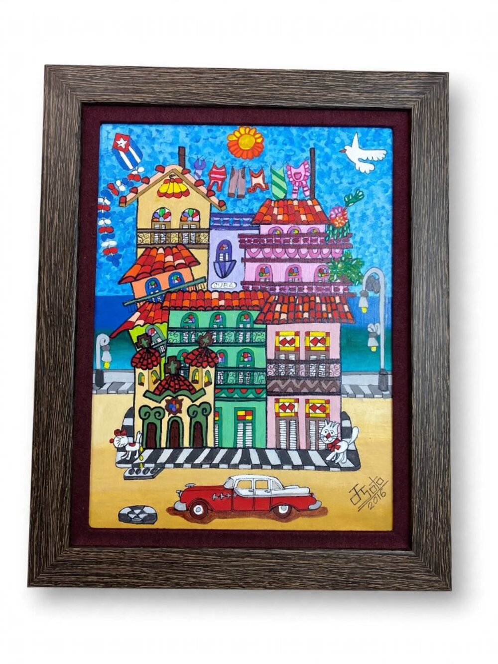 Original Cuba Painting Havana Street Scene Framed 2016 Naive Folk Art Cats Car